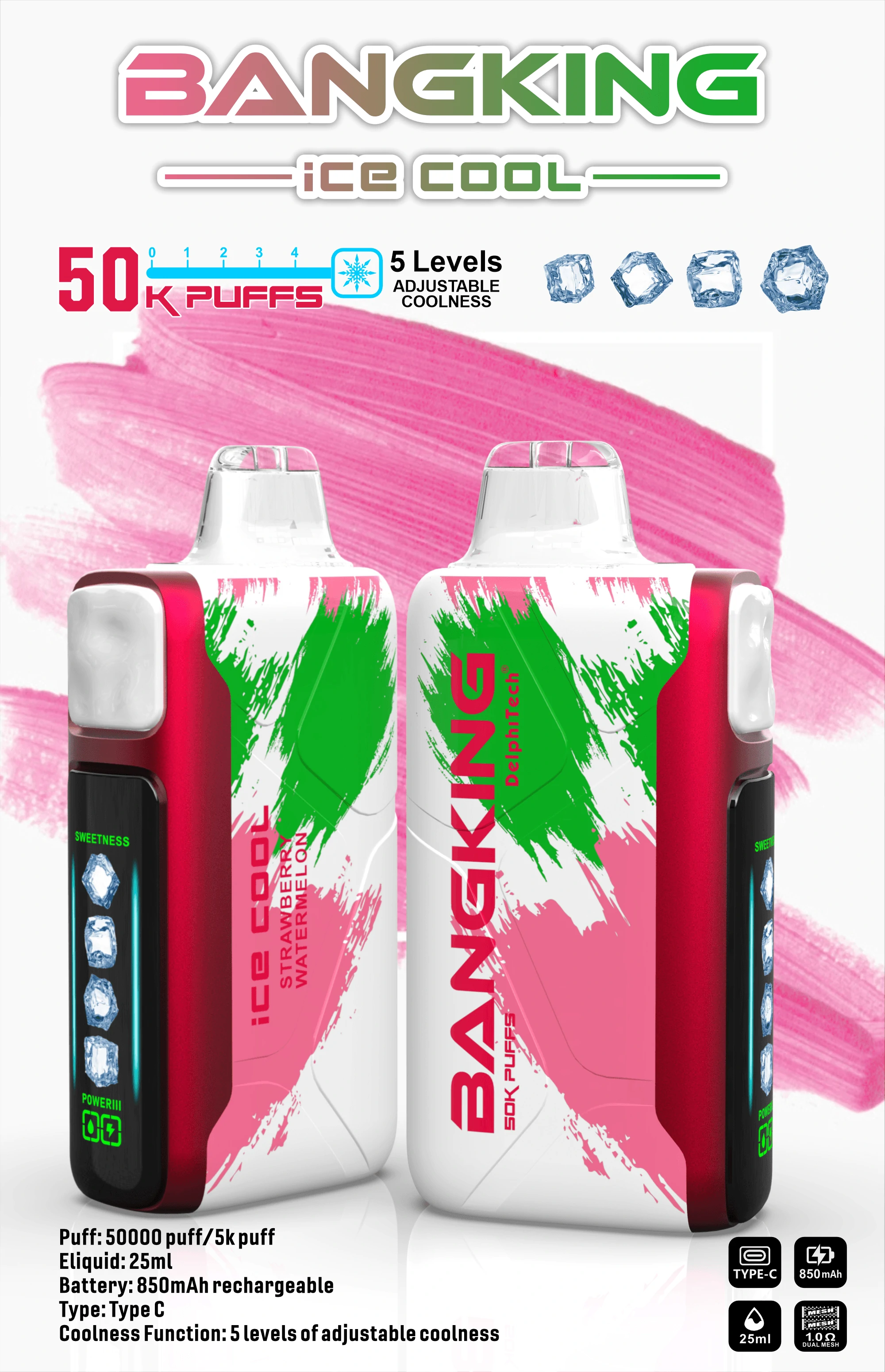 Bang King Ice Cool 60000 60K Bouffées Écran d'affichage Vape jetable