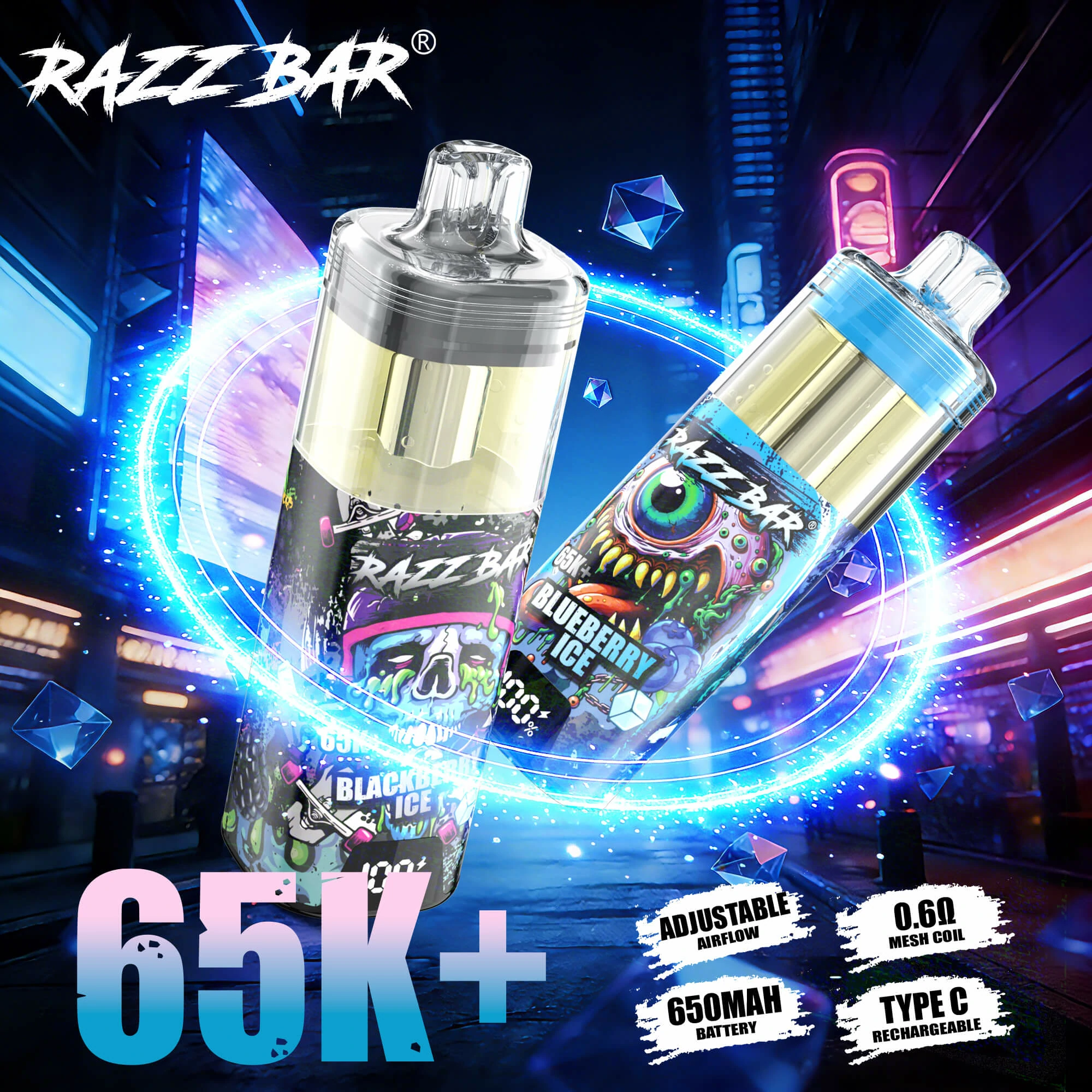 Razz Bar 65000 65K Bouffées Crystal Smart Screen Vape jetable