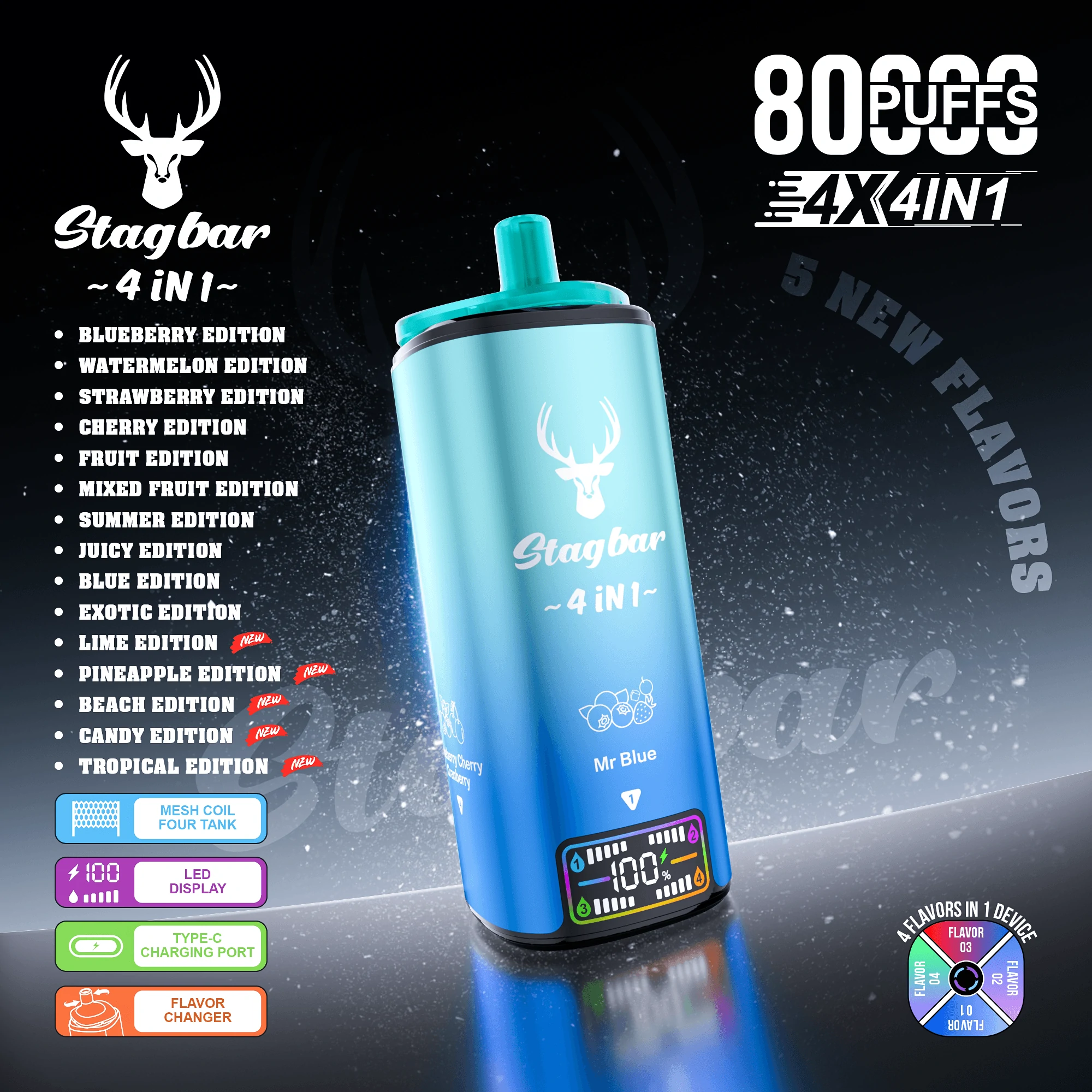 Stag Bar 80000 80K Bouffées 4-in-1 Écran LCD Vape jetable