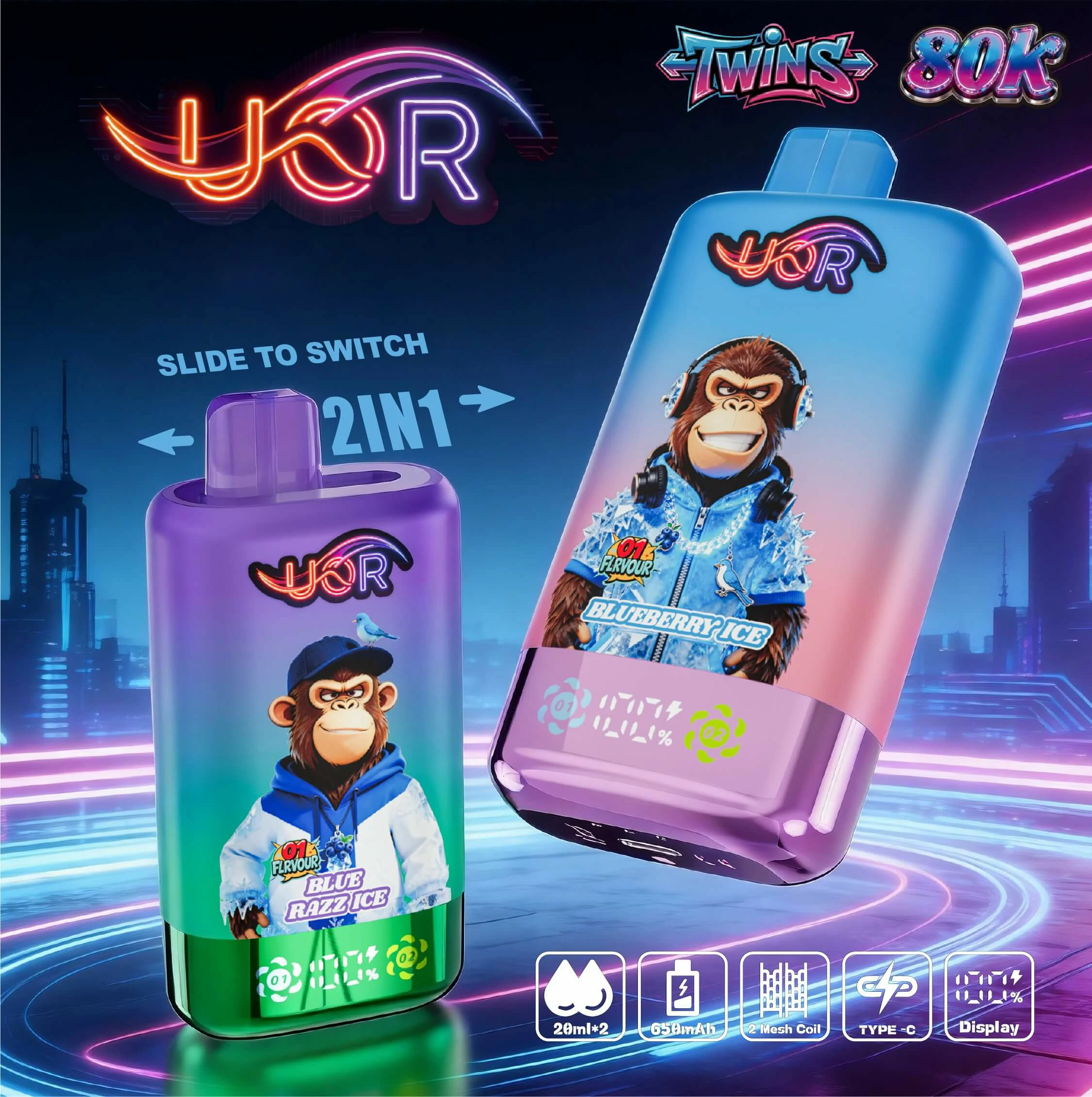 UOR Twins 80000 80K Bouffées 2-in-1 Vape jetable
