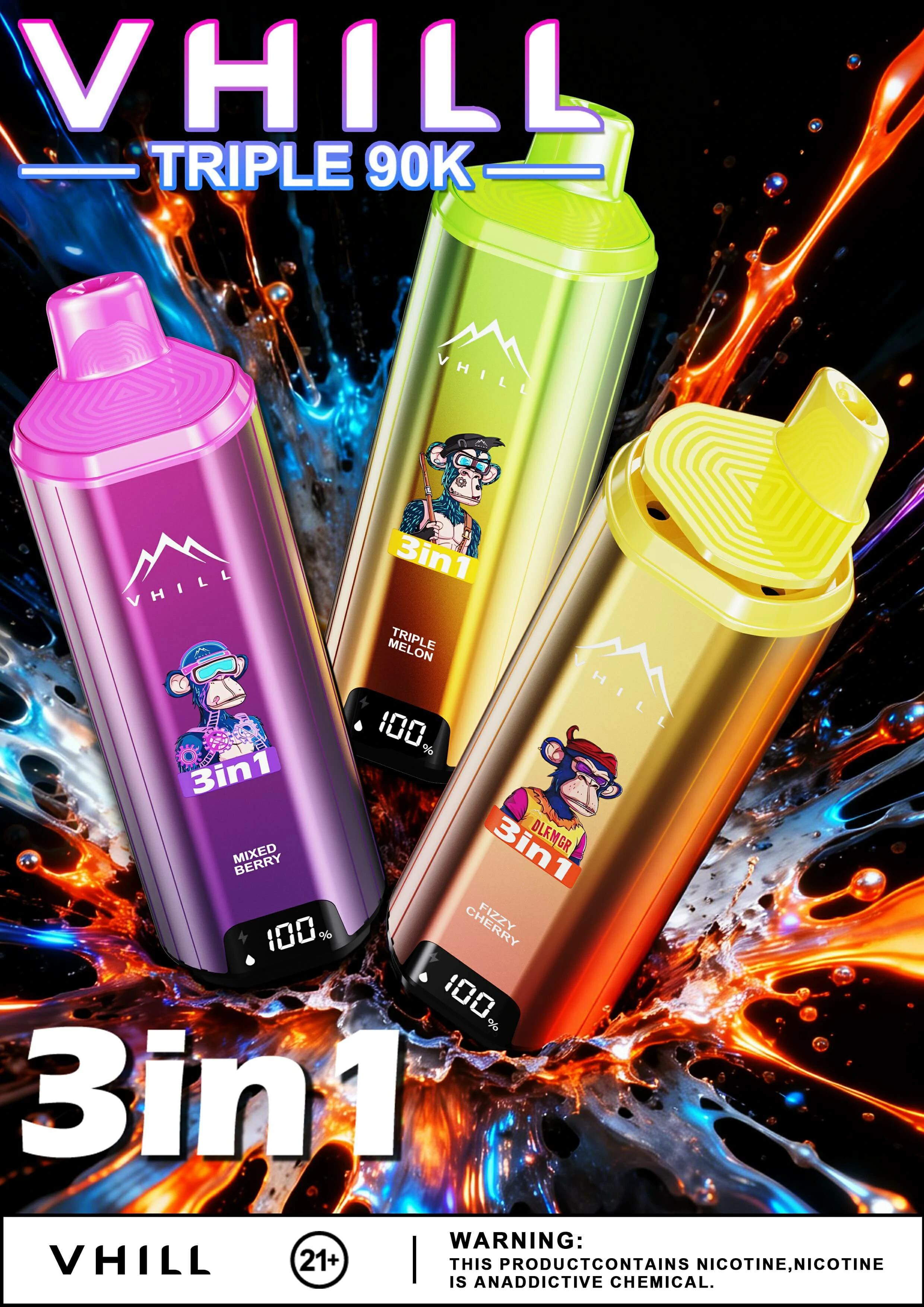 VHILL TRIPLE 90000 90K Bouffées 3-in-1 Vape jetable