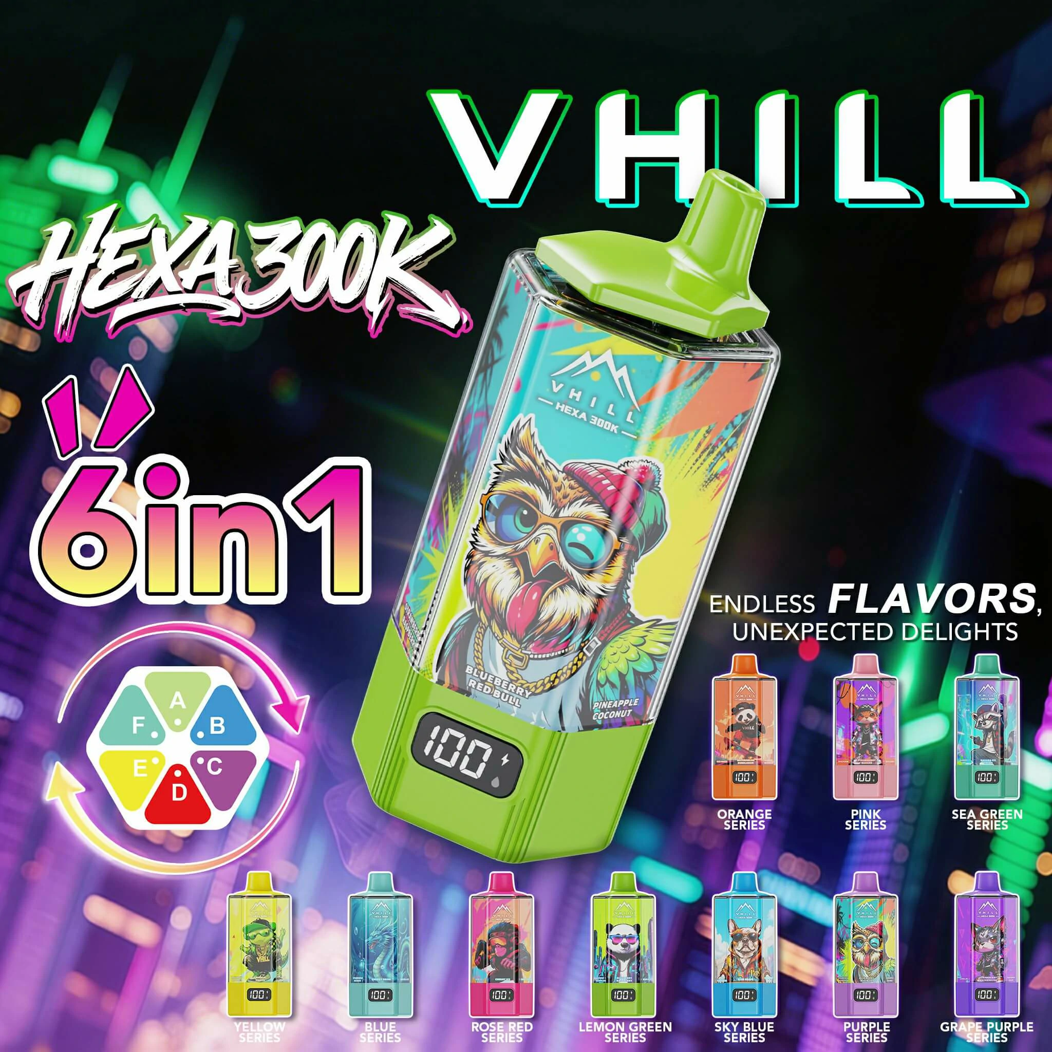 VHILL HEXA 300000 300K Bouffées 6-in-1 Vape jetable