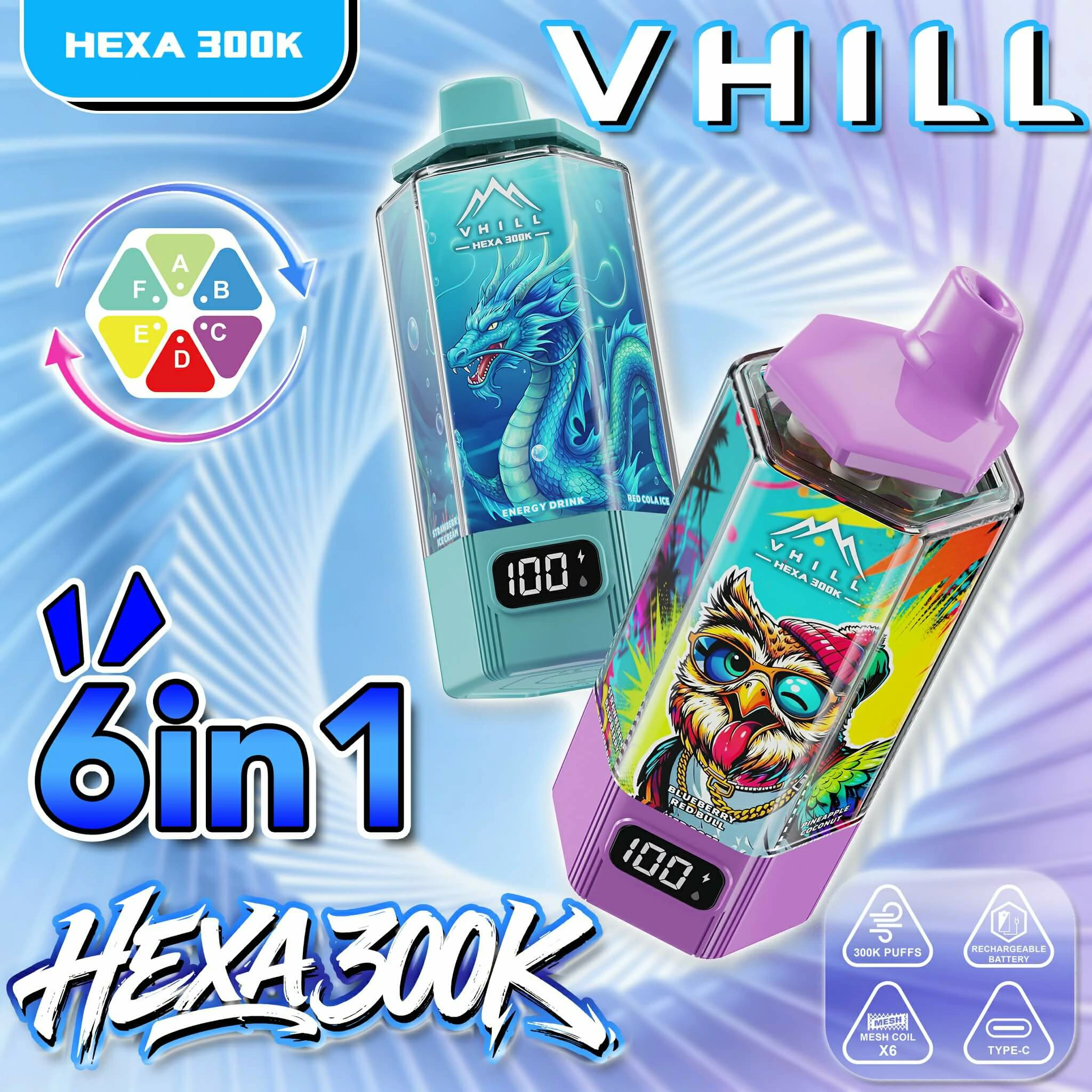 VHILL HEXA 300000 300K Bouffées 6-in-1 Vape jetable - image 2