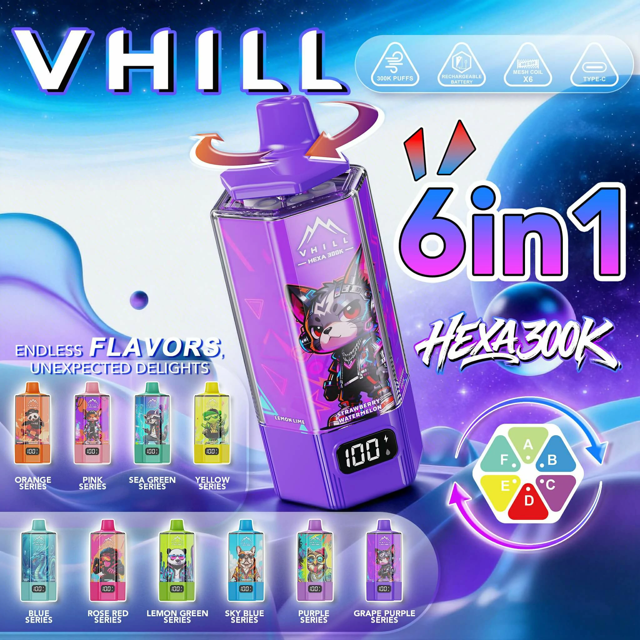 VHILL HEXA 300000 300K Bouffées 6-in-1 Vape jetable - image 3