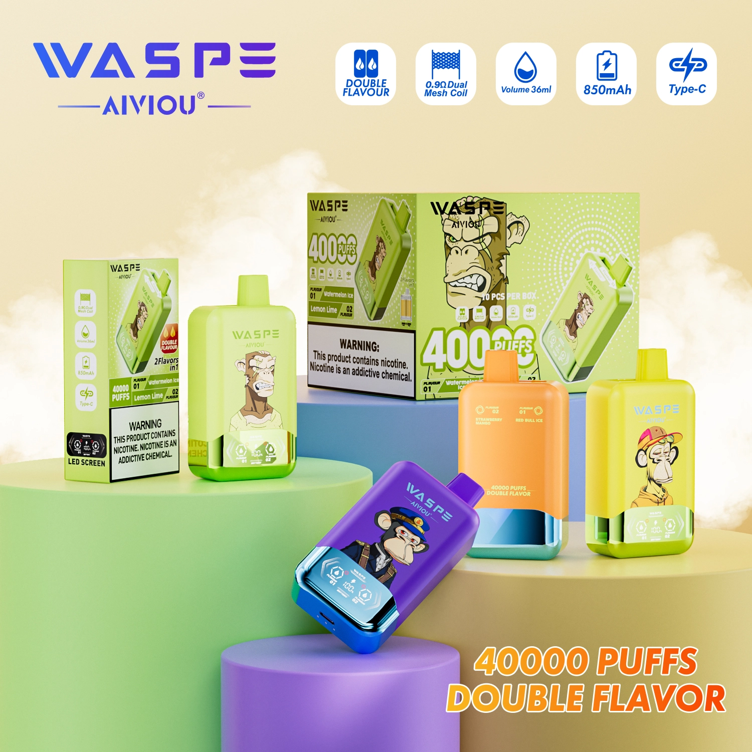 WASPE 2-in-1 40000 40K Bouffées Double Saveur Vape jetable