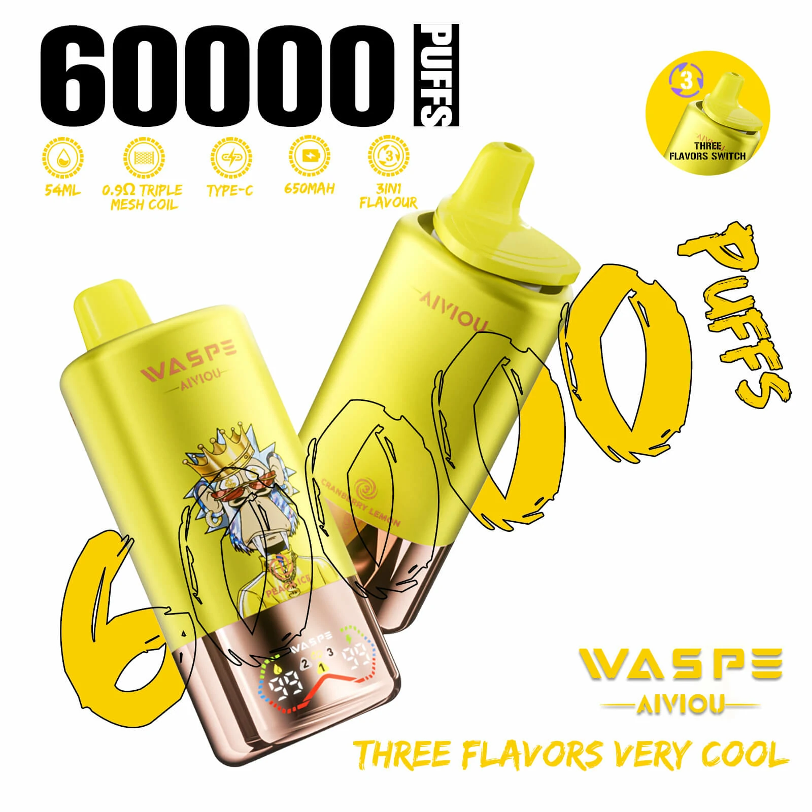 WASPE Bar 60000 60K Bouffées LED Display Vape jetable