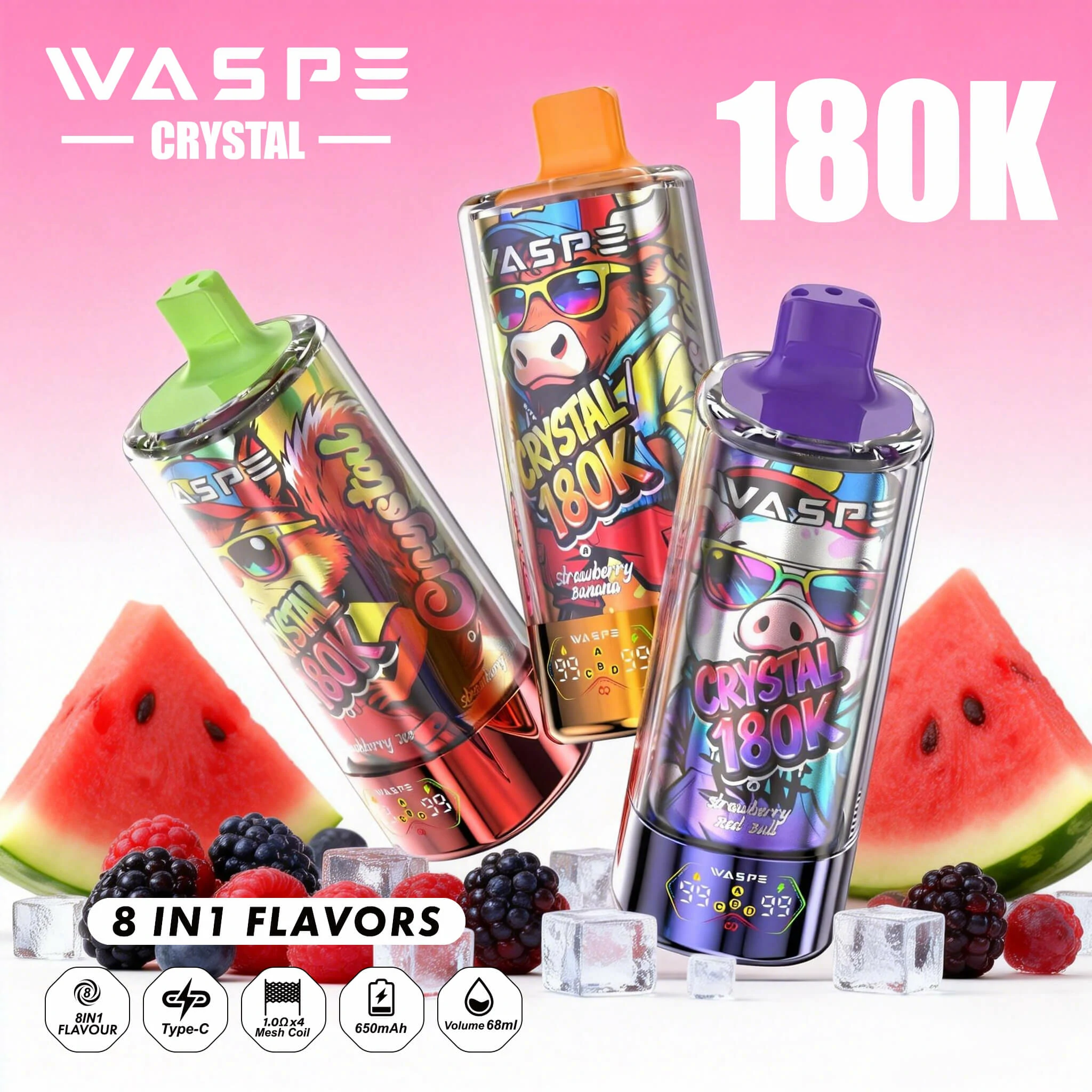 WASPE Crystal 180000 180K Bouffées 8-in-1 Vape jetable