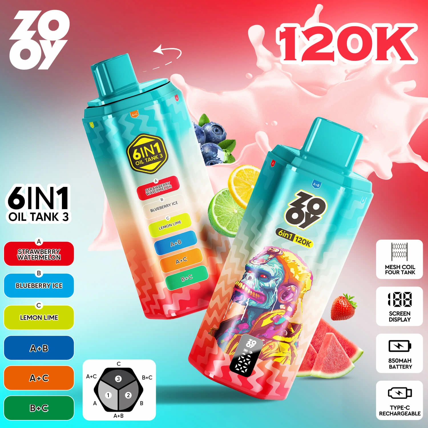 ZOOY 6-in-1 120000 120K Bouffées Smart Display Vape jetable
