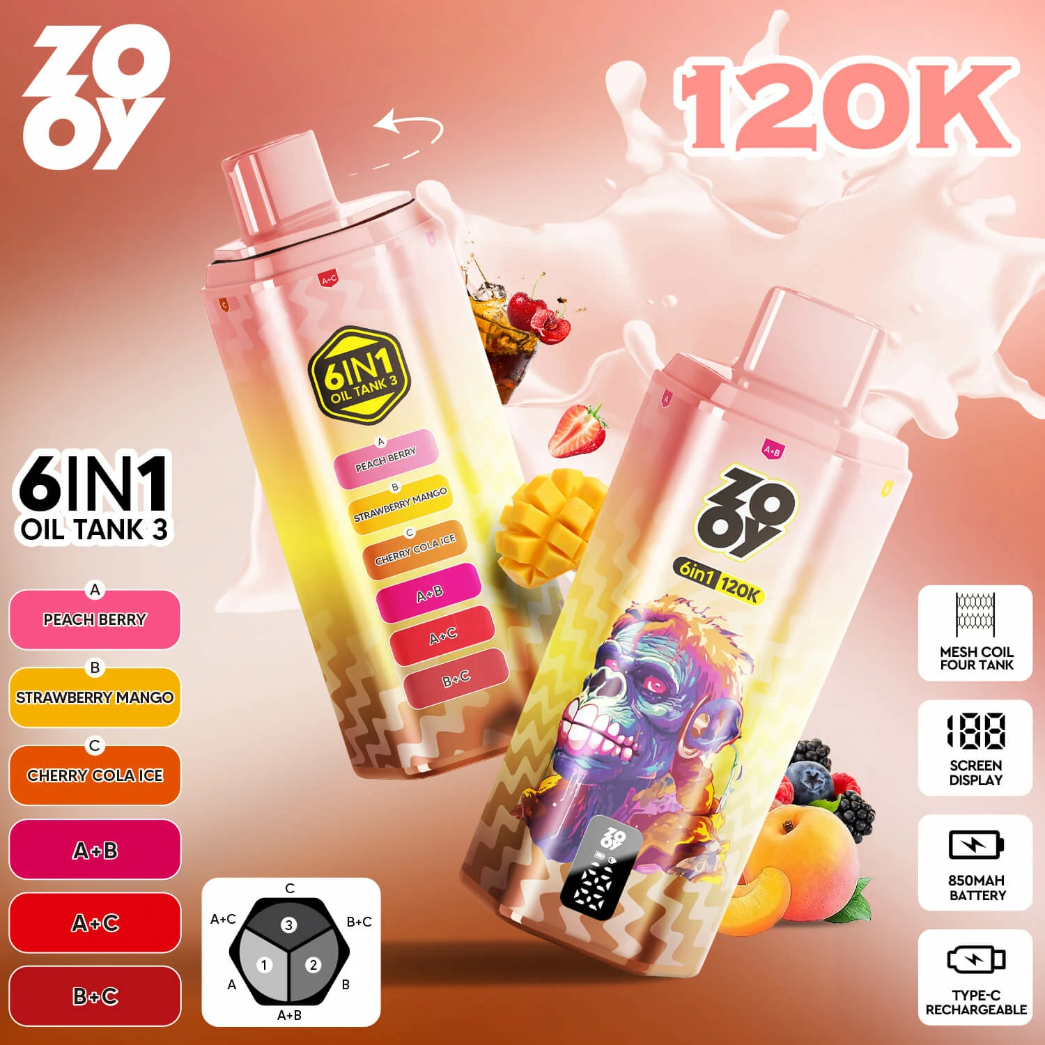 ZOOY 6-in-1 120000 120K Bouffées Smart Display Vape jetable - image 2