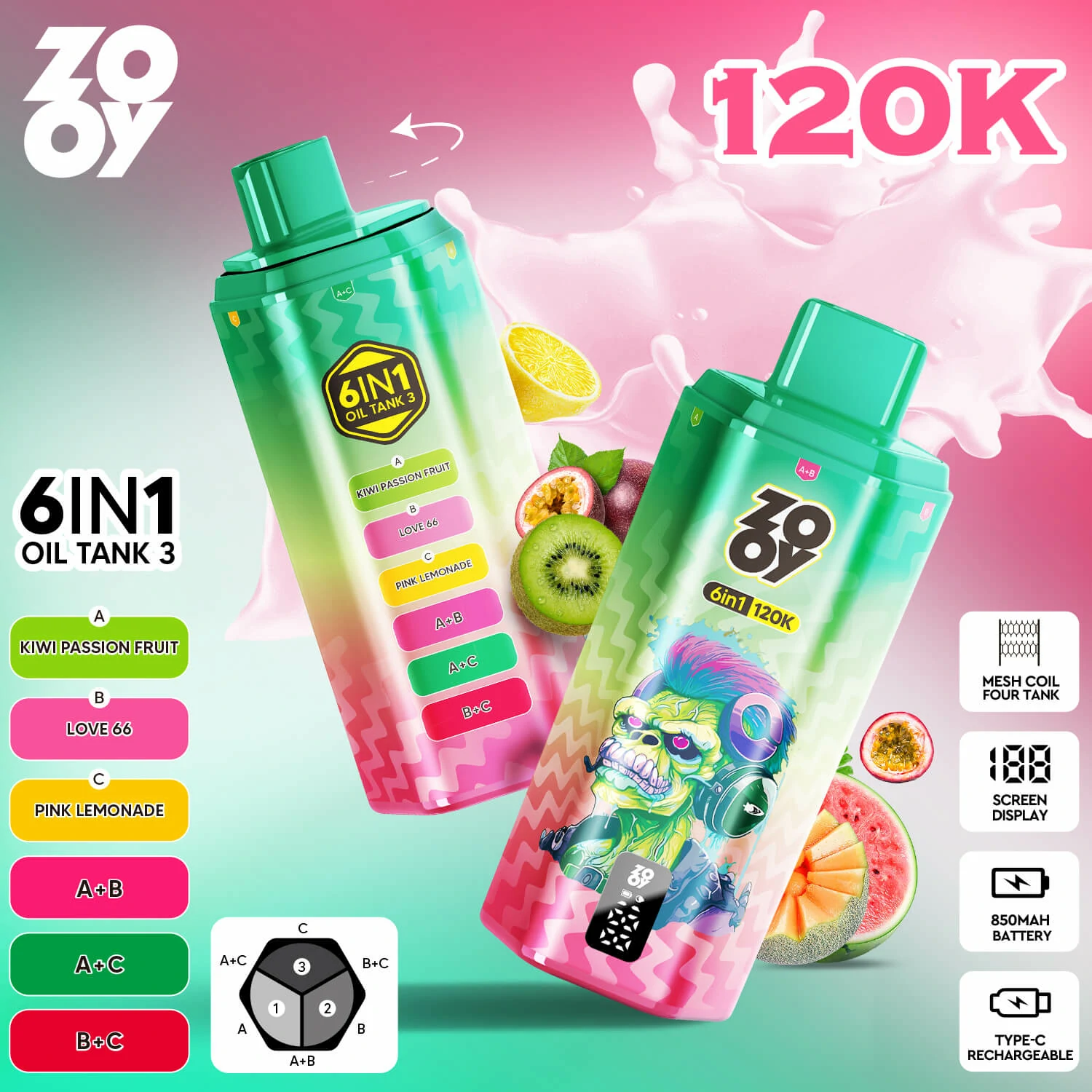 ZOOY 6-in-1 120000 120K Bouffées Smart Display Vape jetable - image 4