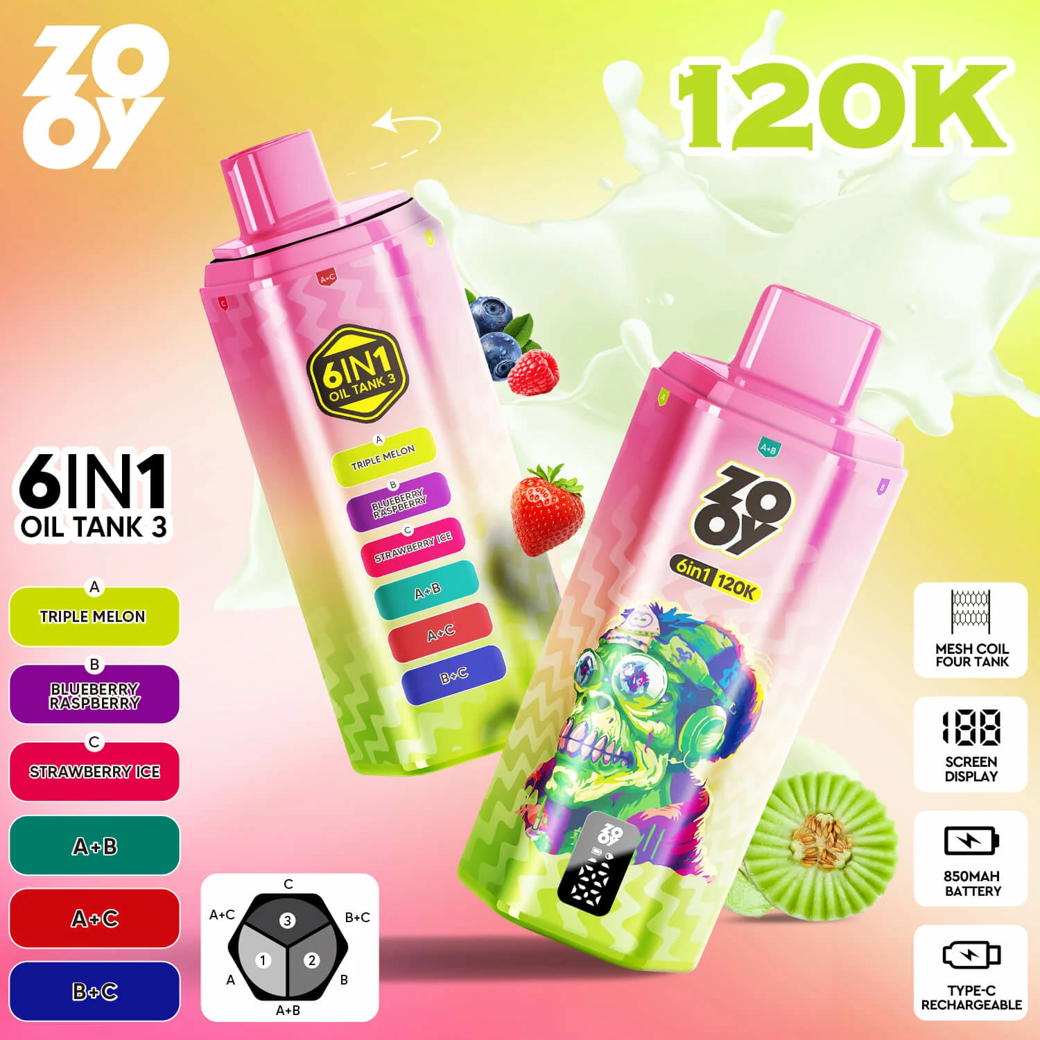 ZOOY 6-in-1 120000 120K Bouffées Smart Display Vape jetable - image 6