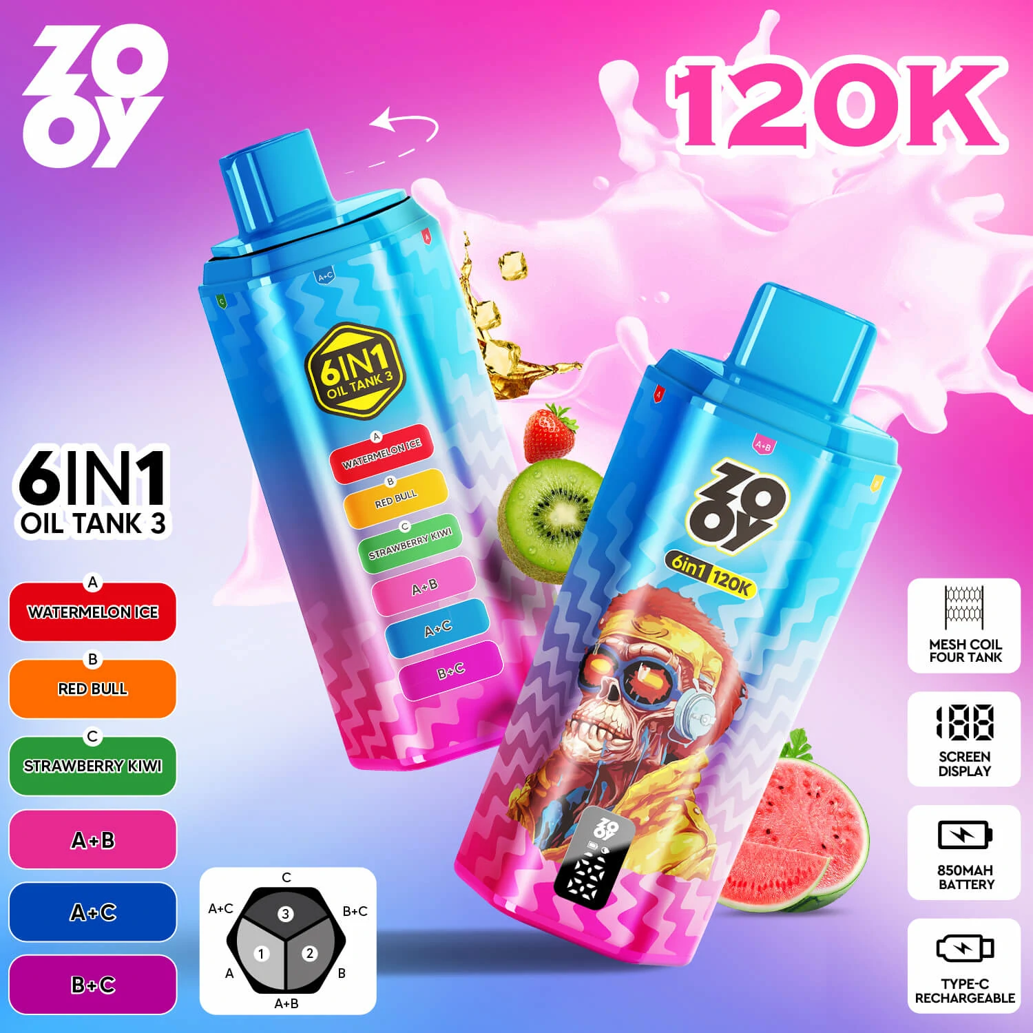 ZOOY 6-in-1 120000 120K Bouffées Smart Display Vape jetable - image 5