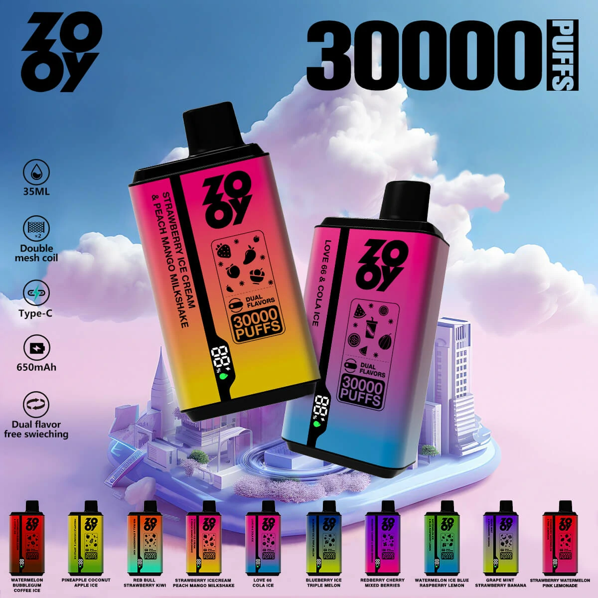 ZOOY Twins 30000 30K Bouffées Dual saveur Vape jetable